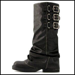 Knee High Slouch Boots Fold Over Chunky Platform Motorcycle Style Square Toe